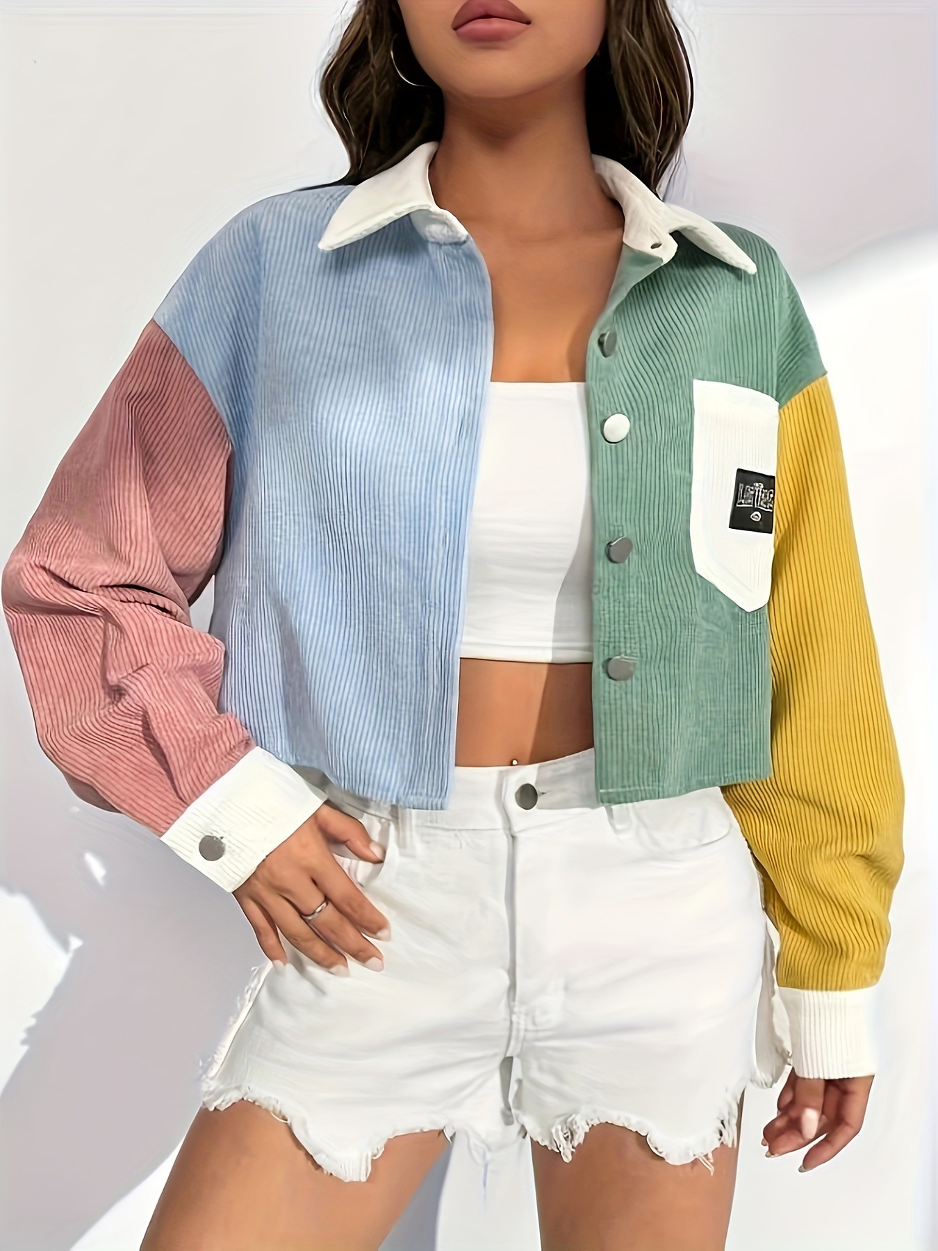 Color Block Patchwork Corduroy Collared Jacket, Loose Drop Shoulder Single Breasted Cropped Casual Coat