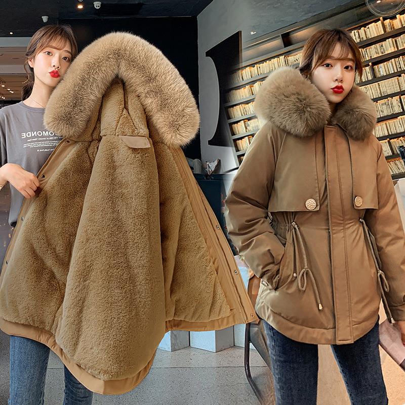 Fashion Solid Color Big Fur Collar Plush Lining Cotton Coat