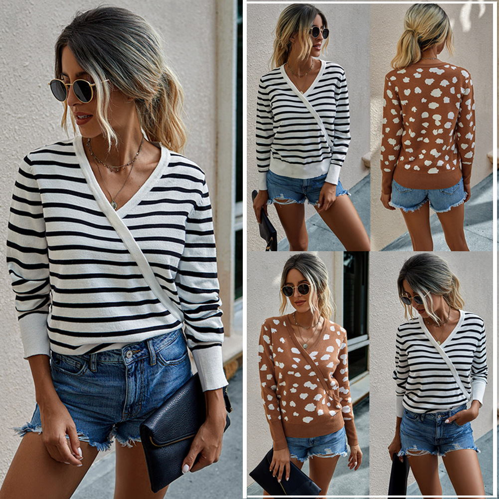 New European And American Stripes V-neck Slim Women's Knitted Sweater