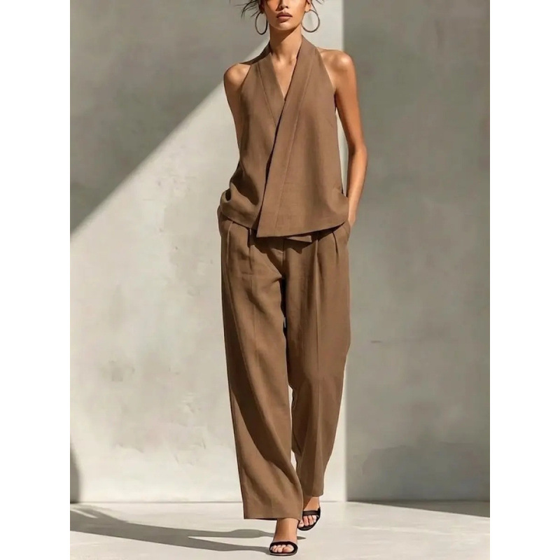 Halter V Neck Blazer Style Sleeveless Top & High Waist Pleated Wide Leg Pants Two Piece Outfit Set