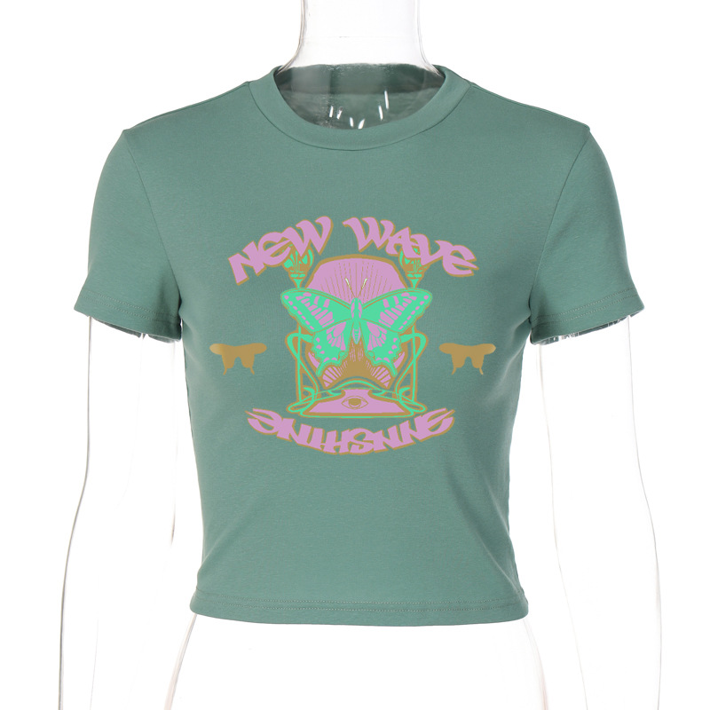 American Trend Butterfly Print Round Neck Short Sleeves