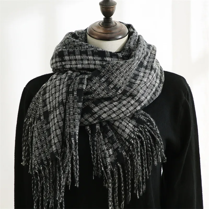 New Cashmere Winter Women's Warm Print Plaid Scarf - Black
