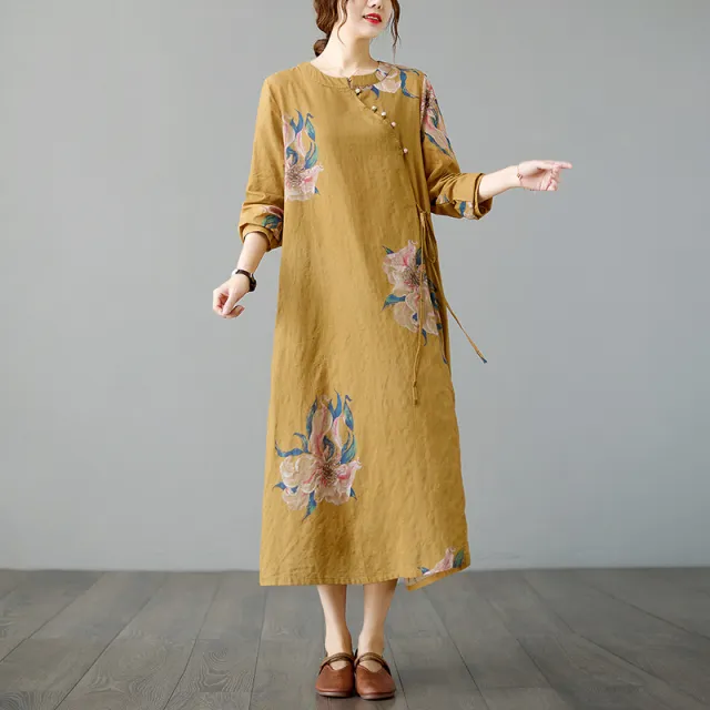 Printed Collar Loose Improved Long Sleeve Cheongsam Long Skirt Girl Yellow - Shop at LoveMi