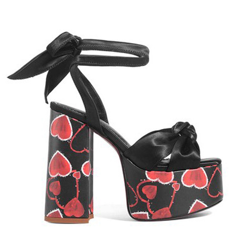 Colorblock Plus Size Catwalk Sandals Bow Love Chunky Heels