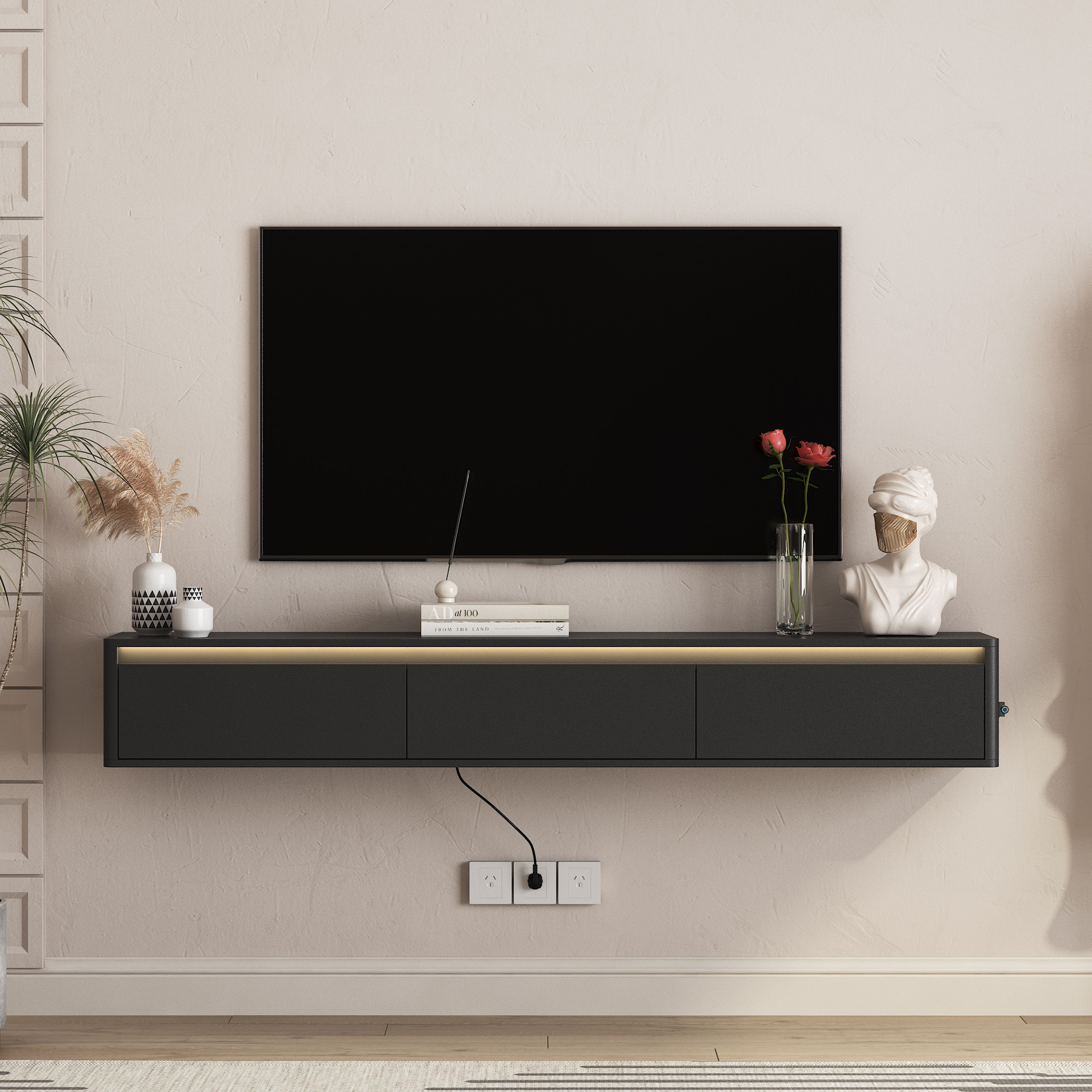 Floating TV Stand, Wall Mounted TV Shelf With Led Lights & Power Outlet,High Gloss TV Cabinet For Black Tv Stands For Living Room