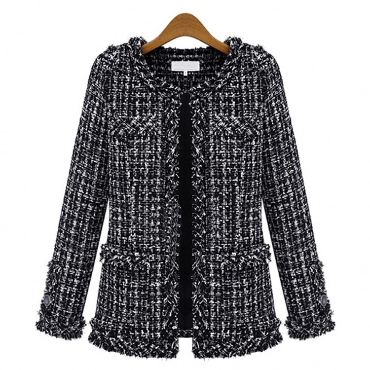 Autumn And Winter Popular Black And White Plaid Tweed Plus Size Women's Jacket White - Shop at LoveMi