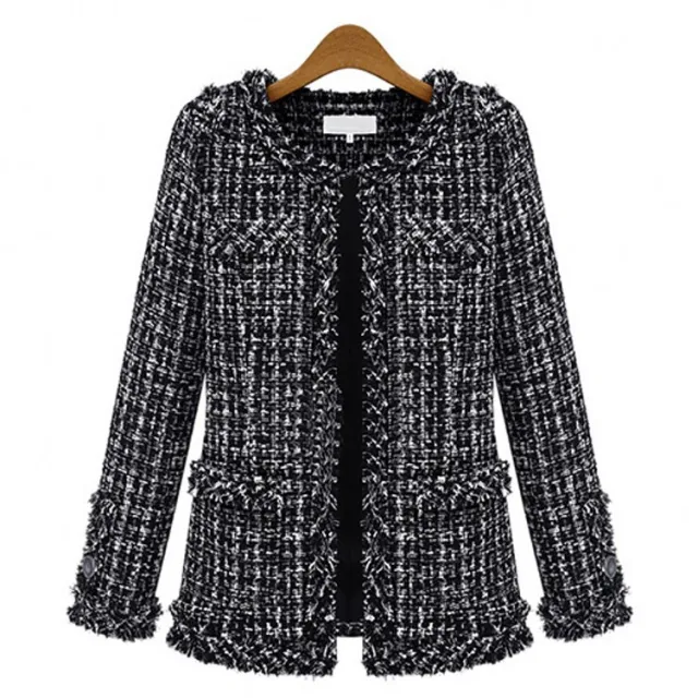 Autumn And Winter Popular Black And White Plaid Tweed Plus Size Women's Jacket White - Shop at LoveMi