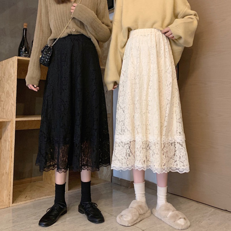 Half-length Skirt Female Spring And Autumn A-line High Waist Design Niche Long Skirt White Lace Small Man