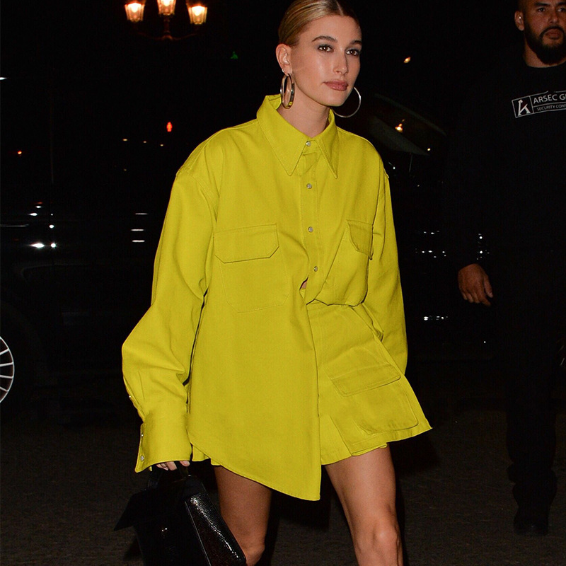 Yellow Suit Loose Stand Collar Drop Shoulder Sleeve Shirt High Waist Short Skirt Set