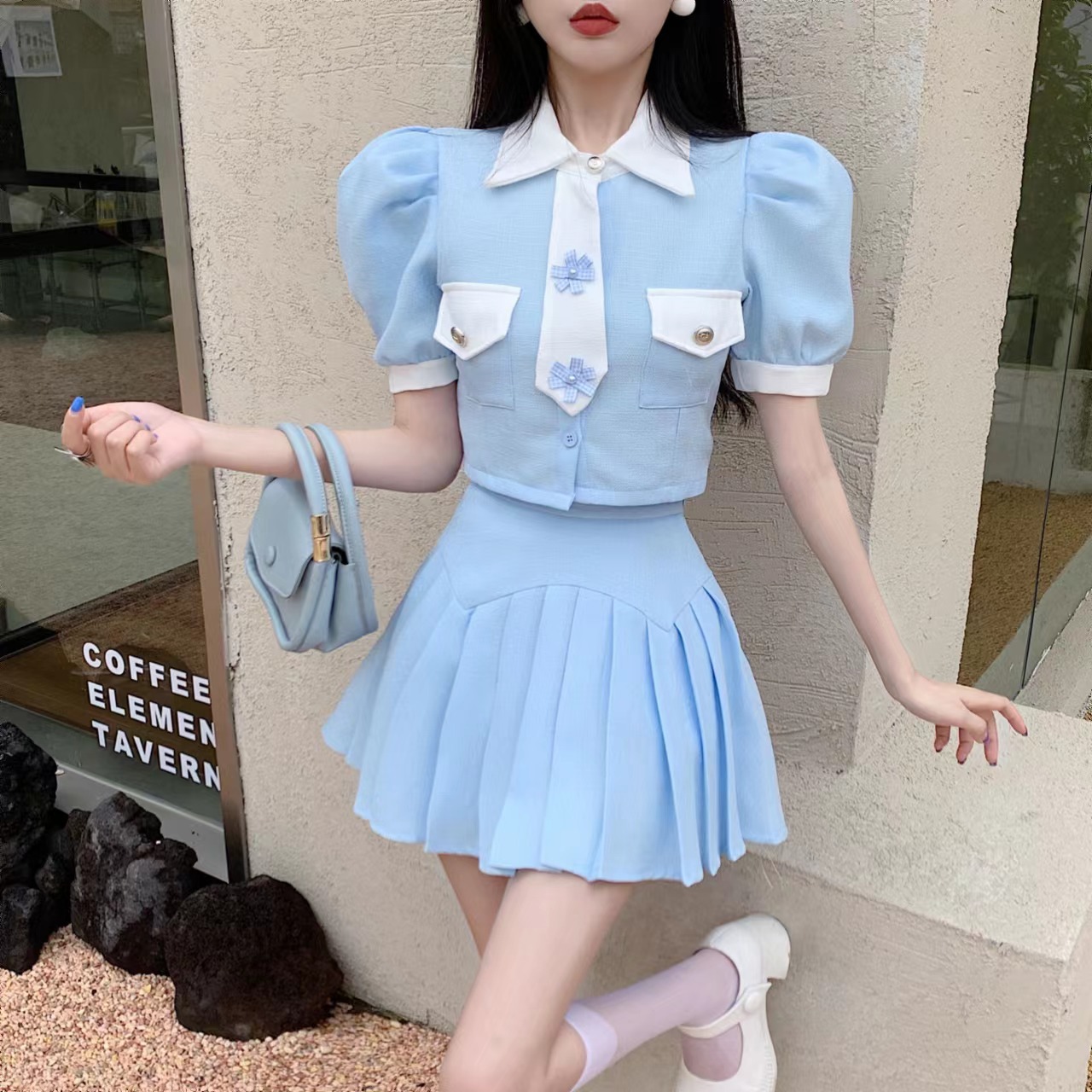 Fashionable Temperament Puff Sleeve Top Pleated Skirt Two