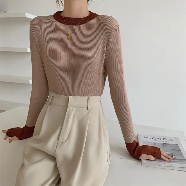 Women's Contrast Sweater Design Knit Top Khaki - Shop at LoveMi