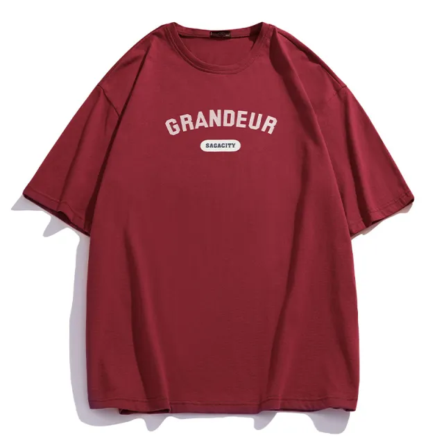 Vintage American Print Loose Short Sleeve T Shirt Purplish Red - Shop at LoveMi
