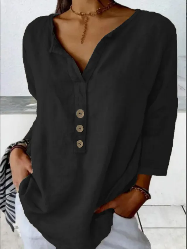Solid Color Notched Collar Shirt Casual Button down Shirt Black - Shop at LoveMi