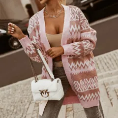 Diamond Shaped Check Colour In The Long Knitted Cardigan - Pink - View 1