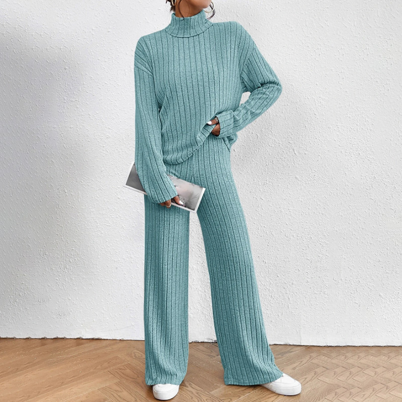 Women's Solid Color 2 Piece Set High Neck Long Sleeve Top & Pants, Striped Loungewear For Fall&Winter Blue - Shop at LoveMi