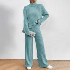 Women's Solid Colour 2-Piece Set High Neck Long Sleeve Top & Pants, Striped Loungewear For Fall&Winter - Blue - View 1