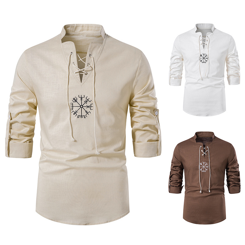 Men's Cotton Linen Shirts Long Sleeve Solid Color - 58