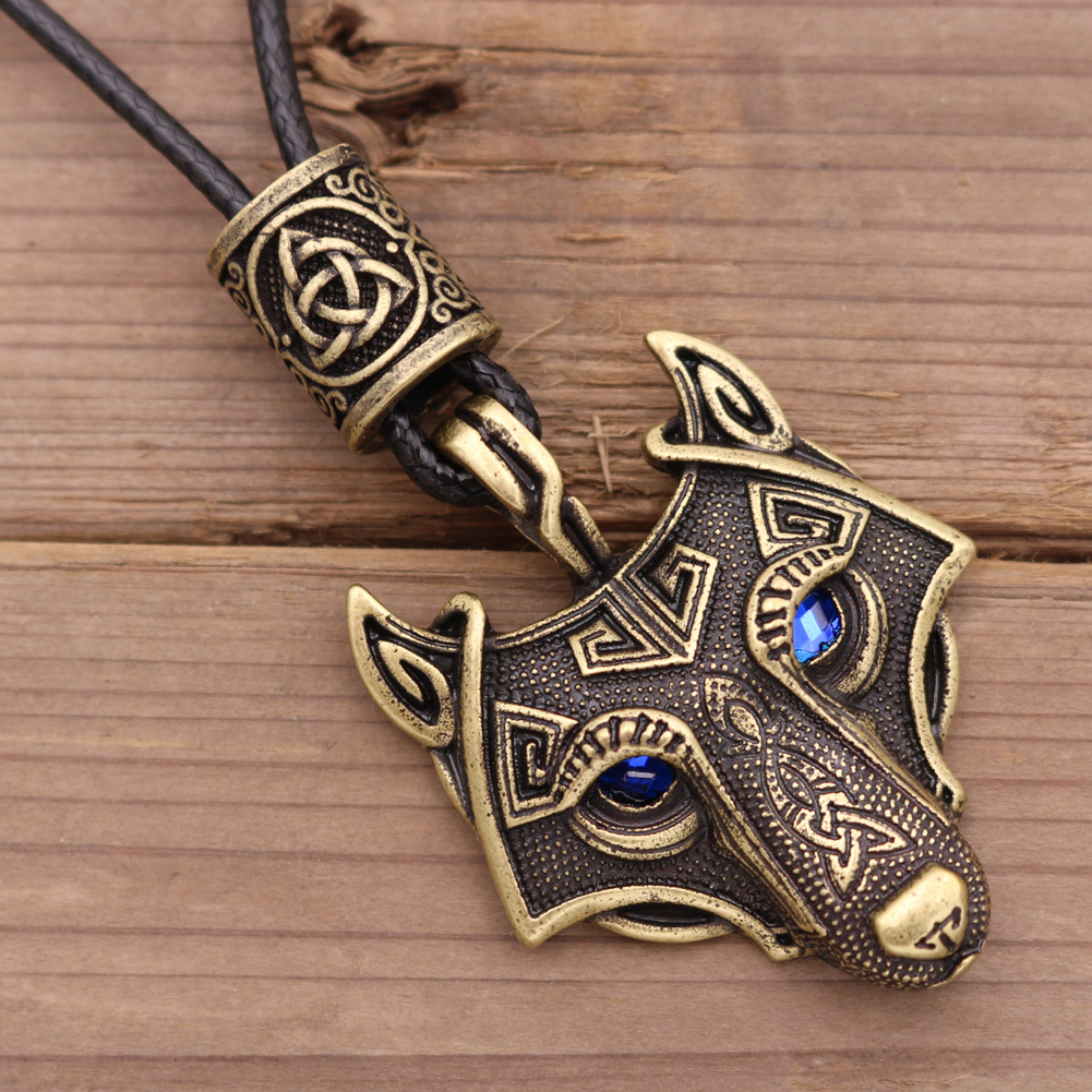 Viking Wolf Head Blue Eye Necklace With Celtic Knot Rune