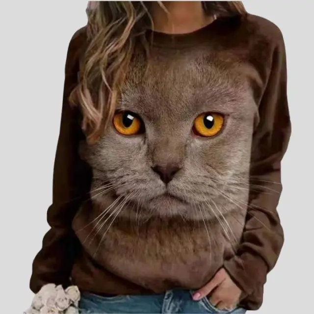 Cat Animal Print Round Neck Long Sleeve Pullover Sweatshirt Coffee - Shop at LoveMi