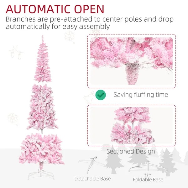 7.5 Foot Prelit Snow Flocked Artificial Christmas Tree With Pencil Shape, 700 Pine Realistic Branches, Warm White LED Lights, Auto Open, Pink And White
