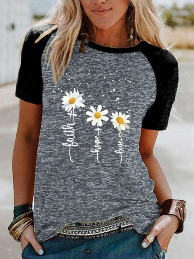 Three Little Daisies Print Short sleeved T shirt Dark Grey - Shop at LoveMi