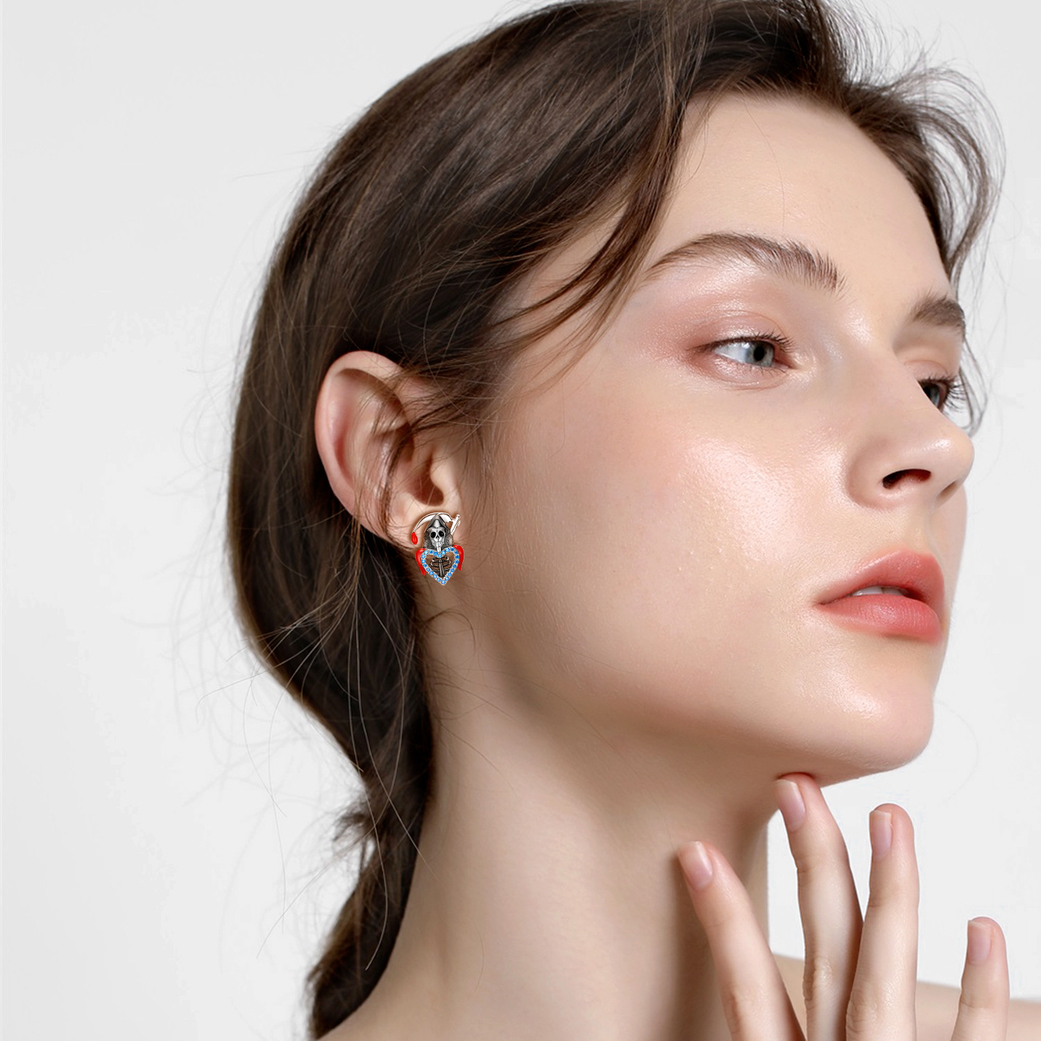 S925 Sterling Silver Death Skull Ear Studs With Zirconium Drop Glue