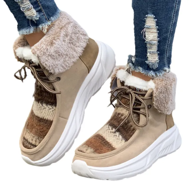 Lace up Snow Boots Women's Fuzzy Mied color Soft Sole Platform Thermal Lined Shoes Winter Non slip Plush Boots Beige - Shop at LoveMi