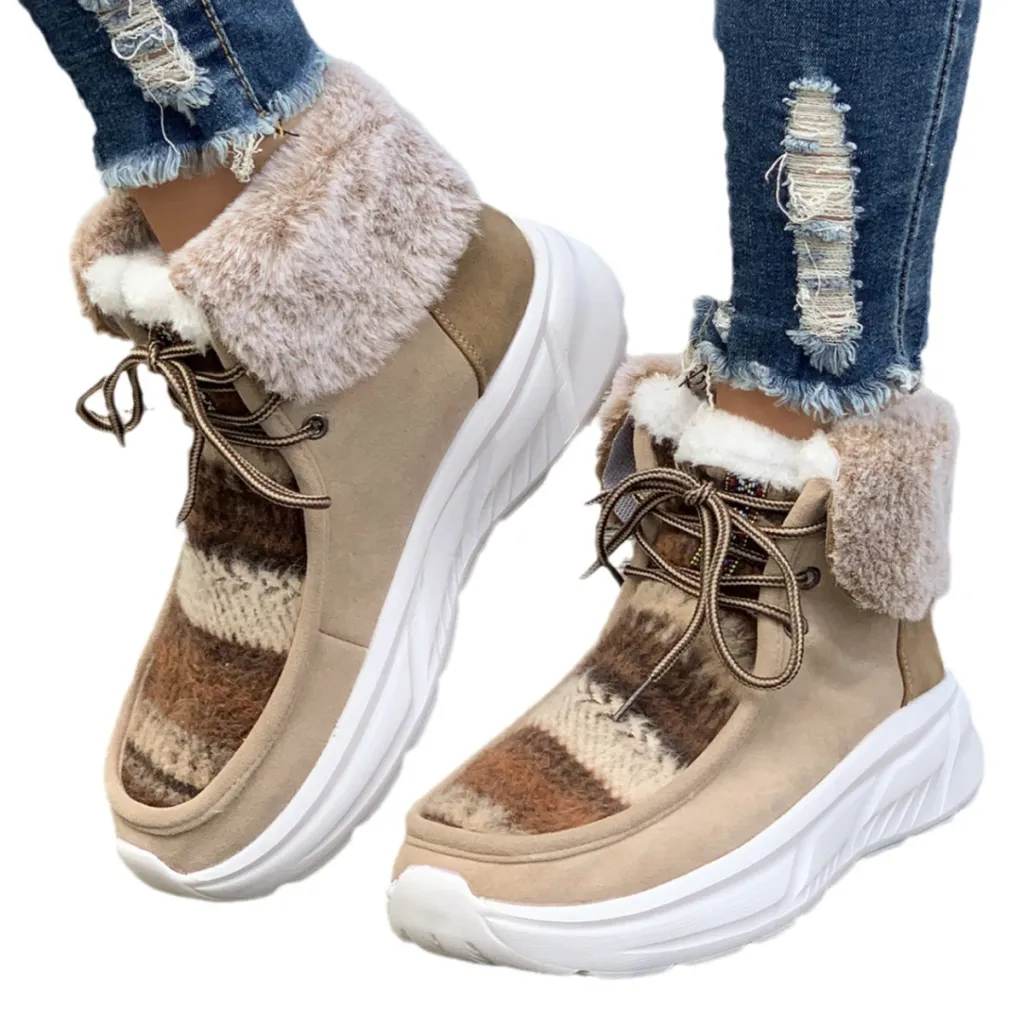 Lace-up Snow Boots Women's Fuzzy Mied-colour Soft Sole Platform Thermal Lined Shoes Winter Non-slip Plush Boots - Beige