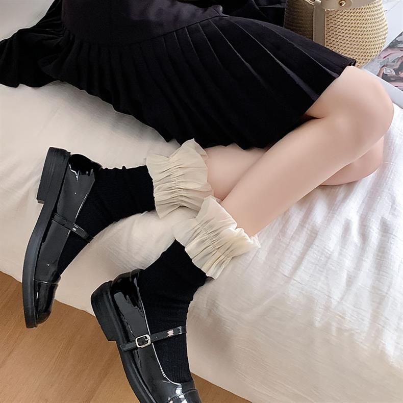 Women's Coquette Chiffon Ruffle Cuff Crew Socks, Ribbed Knit Frill Trim Socks, Sweet Aesthetic Socks For Daily Wear & Balletcore
