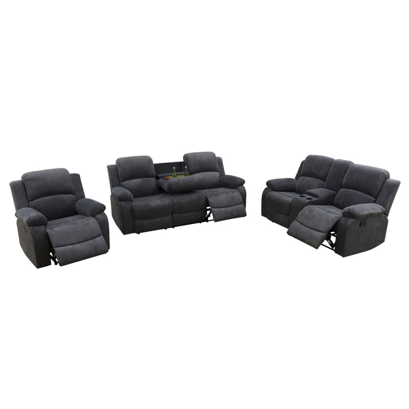 Pickup Only--Dark Grey Corduroy 3-Piece Living Room Recliner Sofa