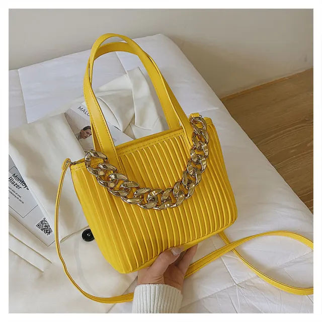 Pleated Handbag Chain Embellished One Shoulder Span Yellow - Shop at LoveMi