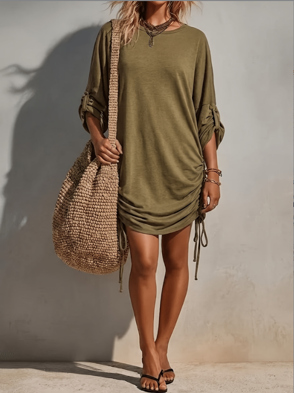 Military Green Side Drawstring Loose Seven Quarter Sleeve T-shirt Short Skirt