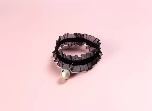Velvet Lace Wood Ear Elastic Adjustable Pet Bell Collar Cat Dog Rabbit Insect Repellent Collar Necklace Dog Black - Shop at LoveMi