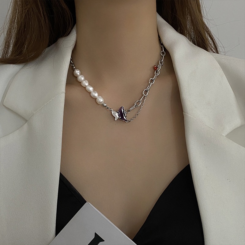 Half Butterfly Pendant Pearl Panel Necklace