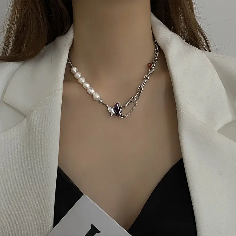 Half Butterfly Pendant Pearl Panel Necklace