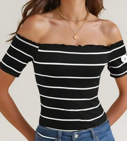 Summer To Autumn Casual Street Nautical Style Off-Shoulder Striped T-Shirt For Women - Black