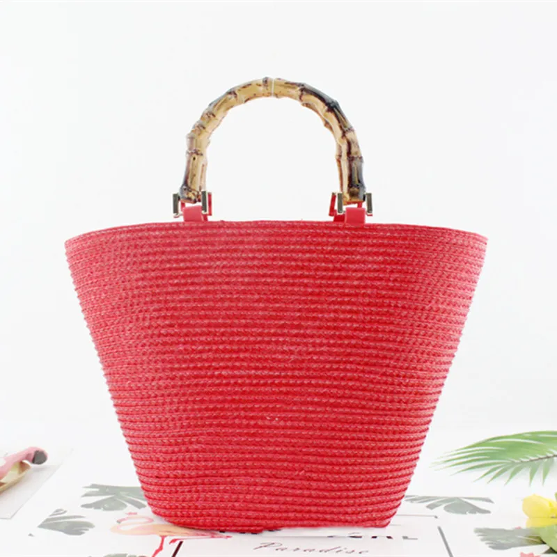 Women's Straw Stripe Casual Woven Bag - Red