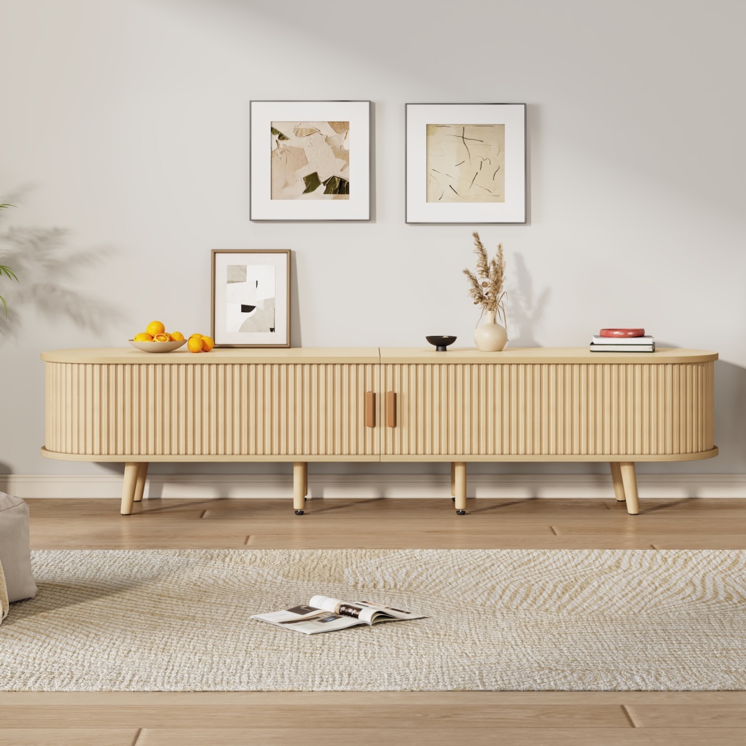 TV Stand With 2 Drawer 2 Sliding Doors 2-Tier Storage Shelf,Oval TV Cabinet — image 3