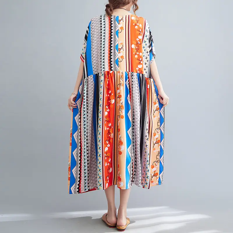 Summer Dress New Round Neck Striped Short Sleeves