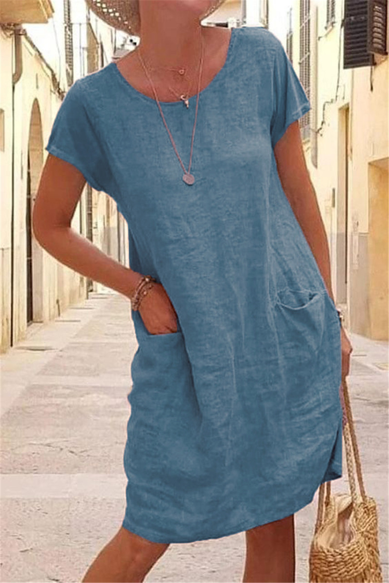 2026 Independent Site Wish New Summer Loose Solid Color Pocket Short-Sleeve Round-Neck Cotton Linen Dress For Women