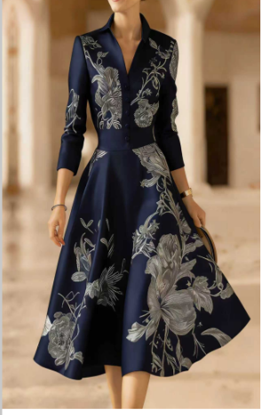 Navy Blue A-line Skirt With A Silver Flower Pattern On The Lapel And A Cinched Waist