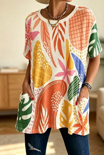 Tropical Plant Print Short Sleeve Tunic Top with Pockets