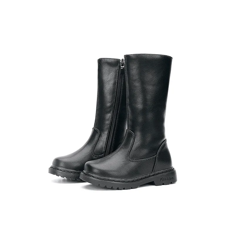 Autumn And Winter New Children's Shoes Solid Colour Long Bootsgirls Fashion Single Boots - Black