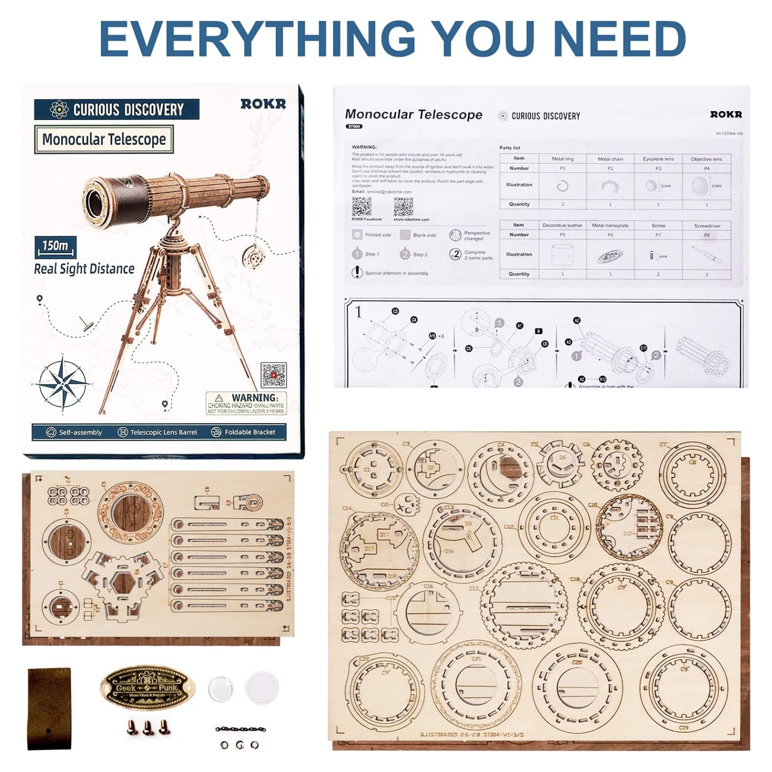 ROKR 3D Puzzles For Adults Wooden Telescope Building Model Kit With Tripod For Adults -3X Magnification Science Kit Gifts