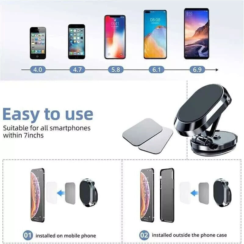 Magnetic Car Phone Holder - Dashboard Mount. With a 360-degree adjustable swivel and foldable bracket, you can rotate your smartphone or device at your own will, providing the best viewing angle. Folding Magnetic Bracket: Paste on the curved surface, stab