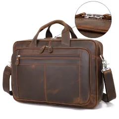 Vintage Leather Men's Crazy Horse Leather Handbag Large Business - Brown - View 1