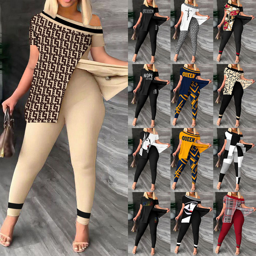 Split Print Short Sleeve Pants Set