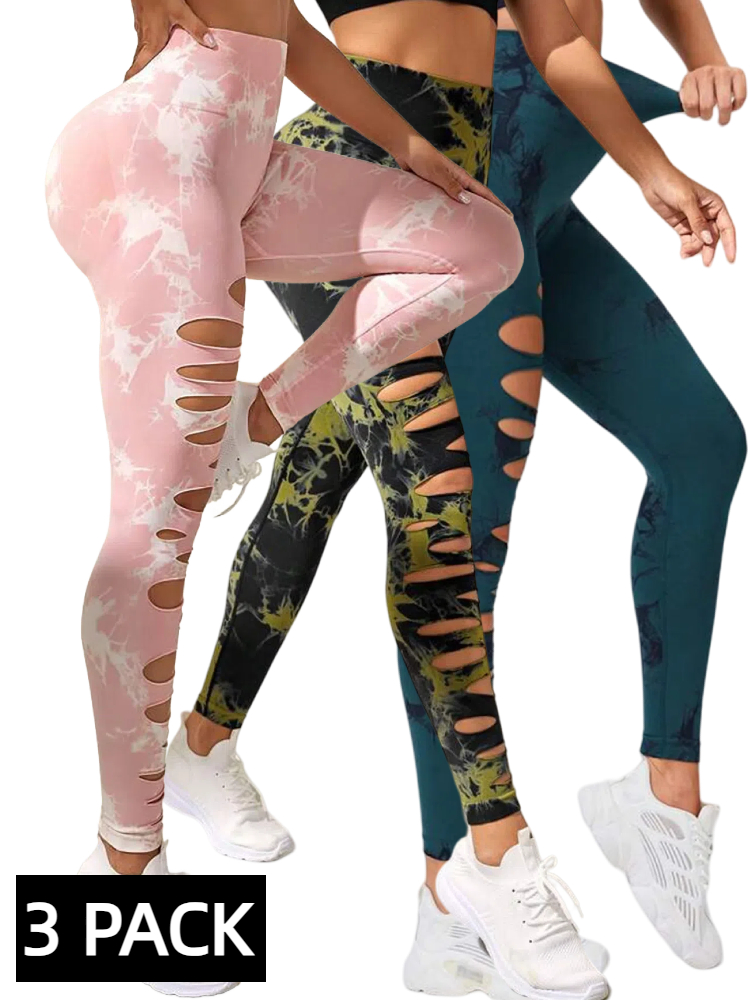3 PACK Butt Lifting Yoga Gym Athletic Pants, Hollow Out Tummy Control Sports Leggings Tie Dye Running Pants - Image 2