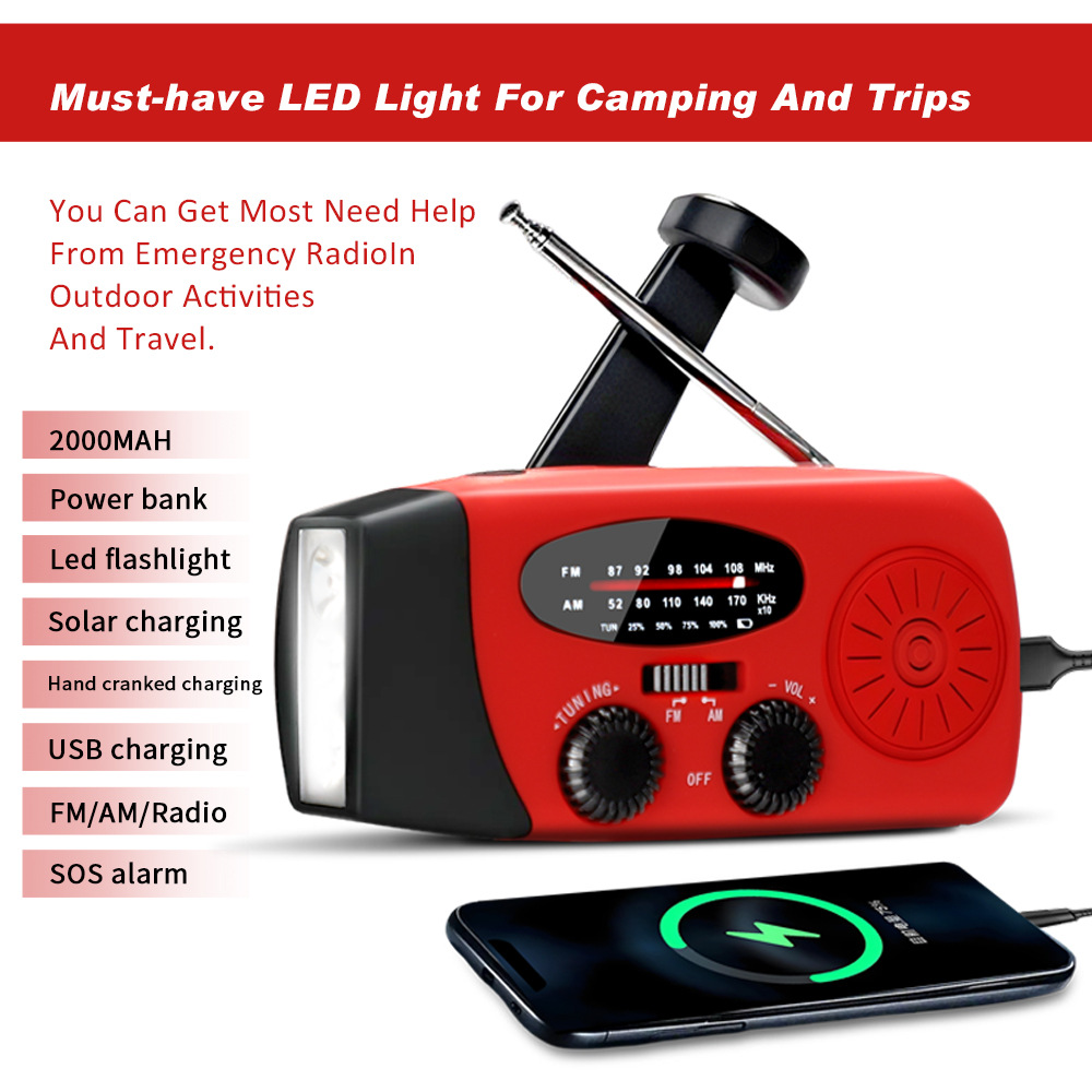 Red Solar Radio 2000mAh Plastic Full Band Radio With USB Port & Built-in Speaker