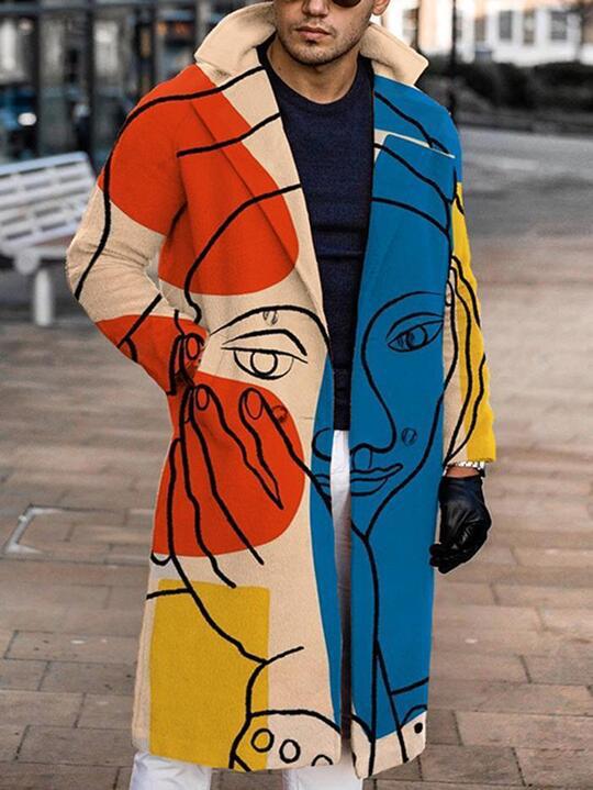 Mid Length Printed Top Long Sleeve Woolen Jacket